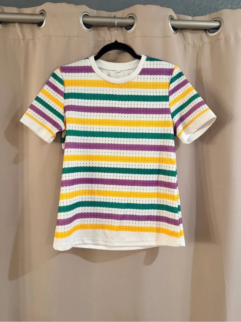 Women’s Short Sleeve Striped Eyelet Tee - White with Purple, Green & Yellow
